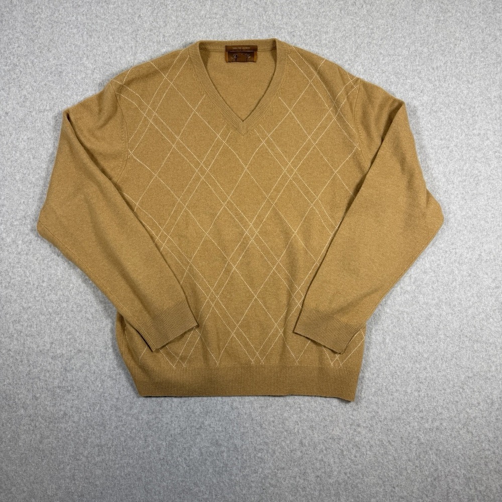 Tasso Elba 100% Fine Cashmere Sweater Argyle Tan V-Neck Long Sleeve Men's L